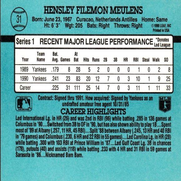 Hensley Meulens (New York Yankees) Donruss '91 Rated Rookie Card - Number 31 - Picture 2 of 2